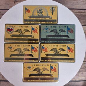 Set Of 6 Vintage Blank Metal U.S. Social Security Cards With U.S. Veteran & St.